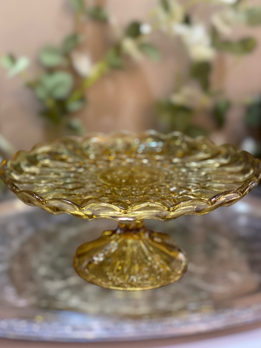 Vintage Anchor Hocking Pedestal Cake Plate Stand Fairfield 10” Honey Amber Glass
